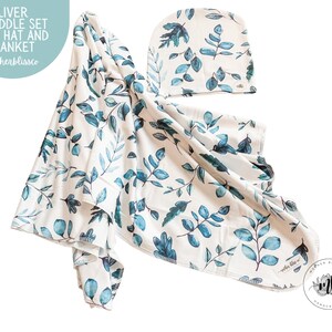 Oliver Baby Swaddle Set | Newborn Photo Prop | Newborn Swaddle Set with Hat | Olive Branches Eucalyptus Leaves Swaddle set