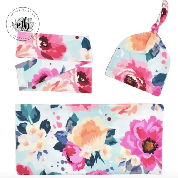 Mint Flower Summer Baby Swaddle Set Newborn Photo Prop Newborn