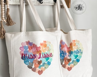 Watercolor Hearts Personalized Canvas Tote Bag | Teacher Appreciation | Teacher Valentines Day Gift | Teacher Gift