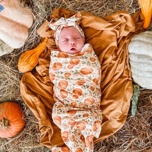 Fall Charlotte Pumpkin Floral Watercolor Swaddle Blanket + Knotted Gingham or Matching Beanie Hat | Watercolor Blanket | Baby Blanket Set