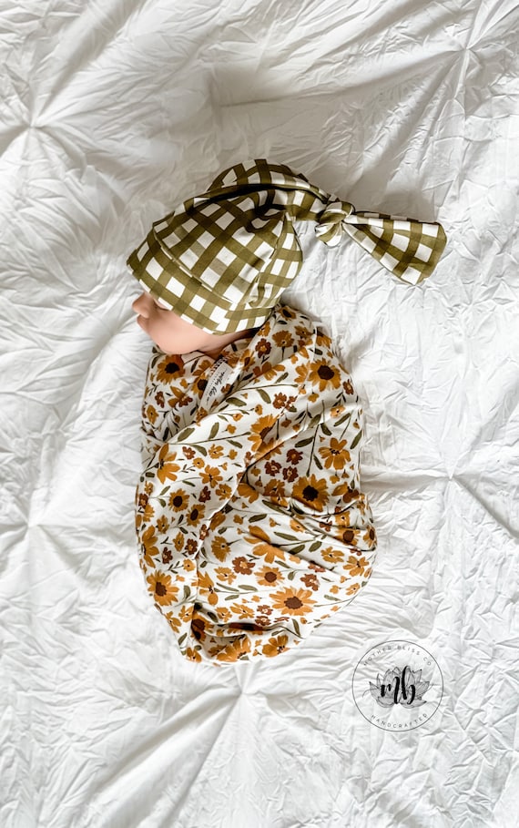 Sunflower and Olive Gingham Baby Swaddle Set Newborn Photo Prop