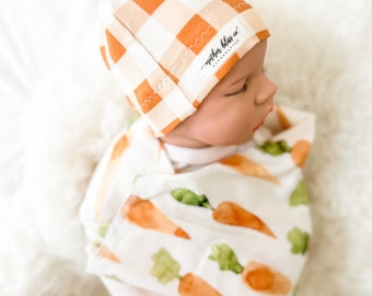 Organic Swaddle - Watercolor Carrots Cute Vegetable Swaddle Blanket + Knotted Beanie Hat | Watercolor Veggie Blanket | Baby Blanket Set