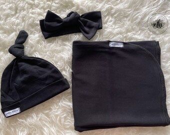 Black Solid Plain Baby Swaddle Set | Newborn Photo Prop | Swaddle Set with Headband and Hat | Ready to Ship | Neutral Swaddle