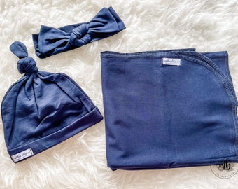 Navy Blue Solid Plain Baby Swaddle Set | Newborn Photo Prop | Swaddle Set with Headband and Hat | Ready to Ship | Neutral Swaddle Set