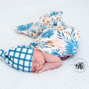 A New Bloom Swaddle Blanket with Coordinating Knotted Beanie Hat | Watercolor Floral Blanket | Baby Swaddle Blanket Set