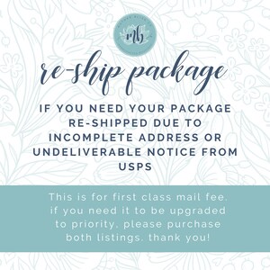 May include: A blue and white graphic with the text "re-ship package" and instructions for reshipping a package due to an incomplete address or undeliverable notice from USPS. The text also states that this is for first class mail fee and to purchase both listings if you need to upgrade to priority mail.