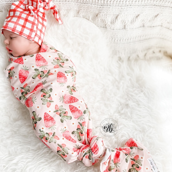 Watercolor Strawberry Fruit Swaddle Blanket with Coordinating Knotted Gingham Hat | Soft Blanket Set | Newborn Baby Swaddle Blanket