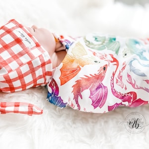 Rainbow Dragons Swaddle Blanket with Coordinating Knotted Gingham Hat | Soft Blanket Set | Newborn Baby Swaddle Blanket