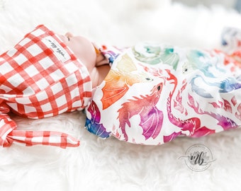 Rainbow Dragons Swaddle Blanket with Coordinating Knotted Gingham Hat | Soft Blanket Set | Newborn Baby Swaddle Blanket