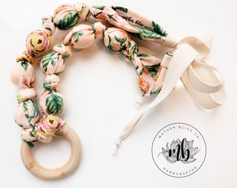 Peony Jardin de Paris Collar de cuentas de tela de algodón / Ideal para la lactancia materna y la lactancia / Madera orgánica / Natural / Crujiente / Cuello de tela