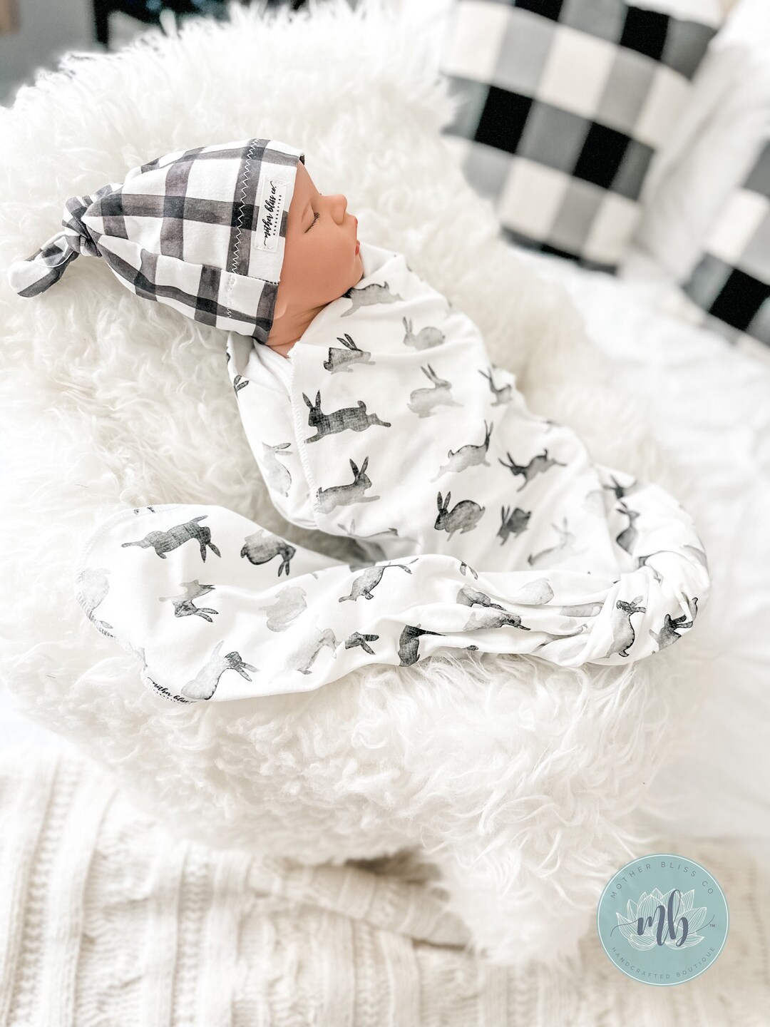 Organic Swaddle Watercolor Bunny Rabbit Swaddle Blanket Knotted Beanie