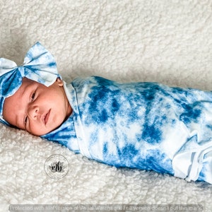 Tie Die Sky Watercolor Soft Baby Swaddle + Bow Headband | Newborn Photo Prop | Newborn Swaddle Set with Headband | Baby Shower Gift