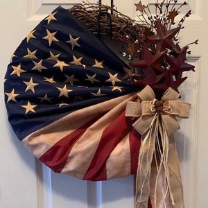 American Flag Wreath, Tea Stained Americana Decor, Embroidered Stars