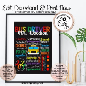 Personalized Printable School Bus Driver Gift Chalkboard Gift For Bus Driver Thank You Gift School Bus Driver Gift Bus Driver Wall Art