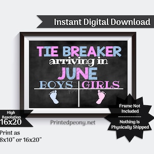 Tie Breaker Embarazo Anuncio Embarazo Revelar Pizarra Cartel Digital Imprimible Junio Fecha de Vencimiento Hermana Mayor Hermano Bebé #3