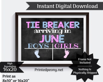 Tie Breaker Pregnancy Announcement Pregnancy Reveal Chalkboard Poster Digital Printable June Due Date Big Sister Big Brother Baby #3