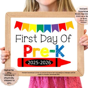 Letrero imprimible para el primer día de preescolar Letrero para el primer día de clases Accesorio fotográfico para preescolar Descarga instantánea imprimible para el comienzo de preescolar