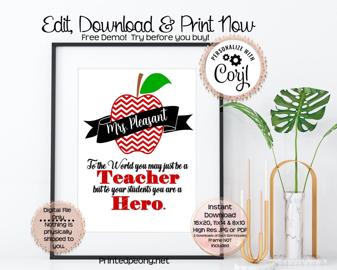 Personalized Printable Teacher Gift School Gift for Teacher Thank You ...