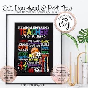 Personalized Printable Physical Education Teacher Gift Chalkboard Gift For PE Teacher Thank You PE Gift Teacher Appreciation School Gift