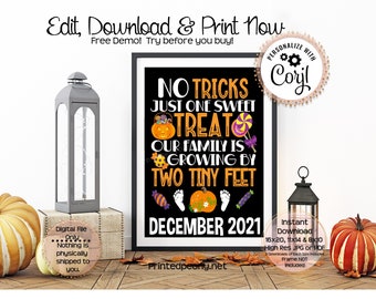 Growing By Two Feet Halloween Pregnancy Announcement No Tricks Pregnancy Reveal Editable Baby Announcement Photo Prop Printable Digital