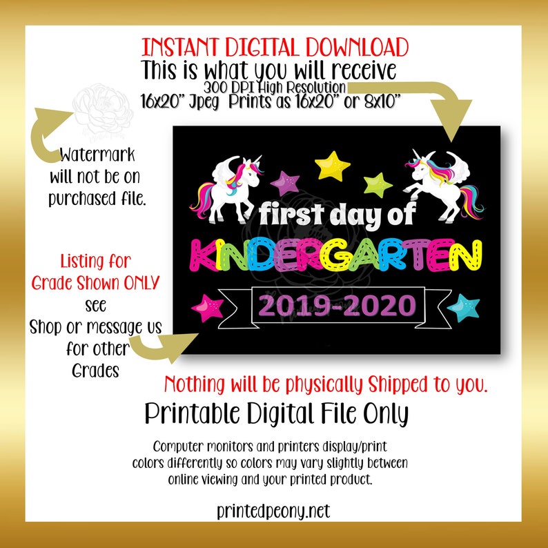 First Day of Kindergarten Printable Sign First Day of School Unicorns Kindergarten Photo Prop First Day Printable Instant Download