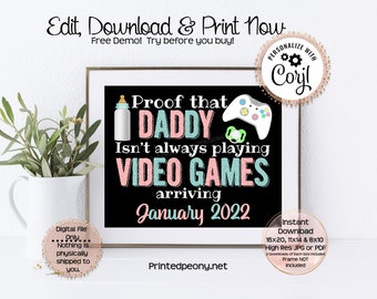 Proof Daddy Isn't Always Playing Video Games Chalkboard Pregnancy Announcement Editable Gamer Pregnancy Reveal XB1 Baby Announcement Digital