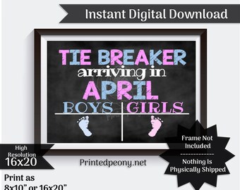 Tie Breaker Pregnancy Announcement Pregnancy Reveal Chalkboard Poster Digital Printable April Due Date Big Sister Big Brother Baby #3