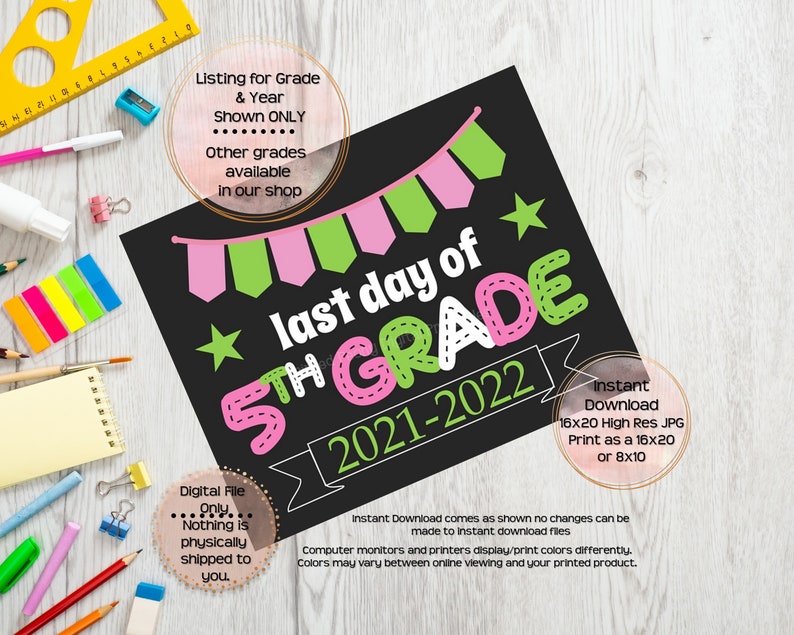 Last Day of Fifth Grade Printable Sign End of School Sign 5th Grade Photo Prop End of Fifth Grade Printable Instant Download image 2