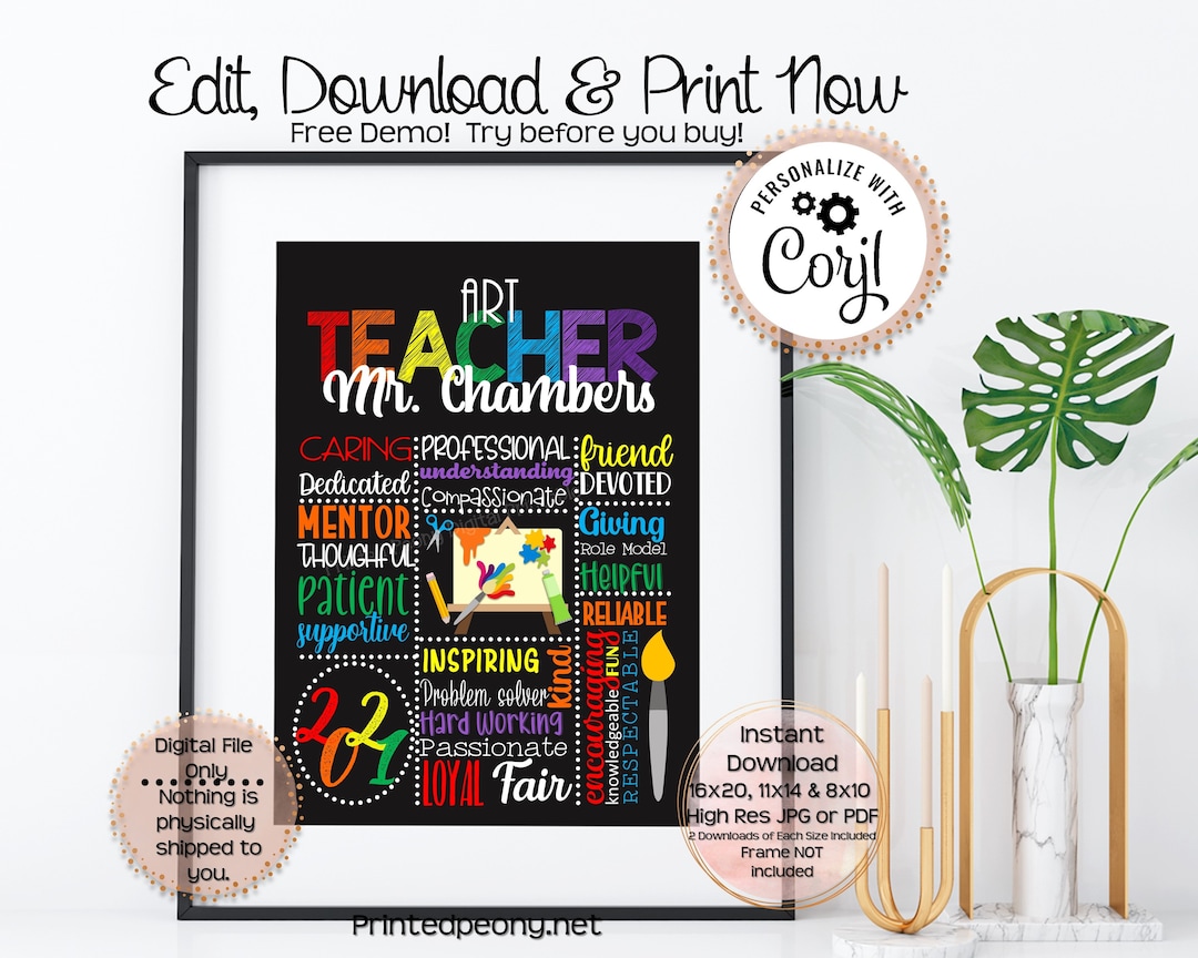 Personalized Printable Art Teacher Gift Chalkboard Gift for Art Teacher