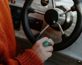 Wild Alaska Salmon Skin Ring, Adjustable Pewter Oval