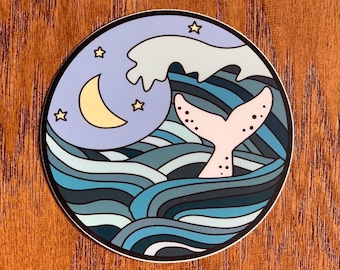 Whale Tail Vinyl Sticker - Ocean, Moon & Stars, Weatherproof