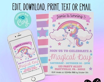 Editable birthday invitation | Unicorn Rainbow birthday party | Rainbow invitation | Unicorn invitation | Digital invitation | Corjl invite