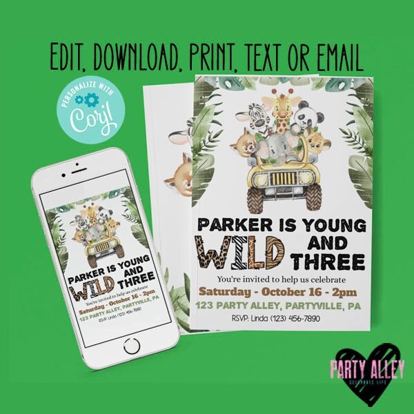 Editable wild theme birthday invitation | Young wild and three | Safari birthday invitation | Jungle birthday invite | Young wild and