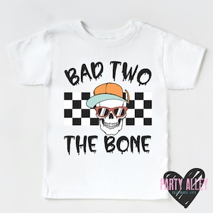 Bad two the bone shirt 2nd birthday shirt Turning two shirt Skull 2nd birthday Halloween birthday Kids birthday t-shirt Rock on Short Sleeve - White