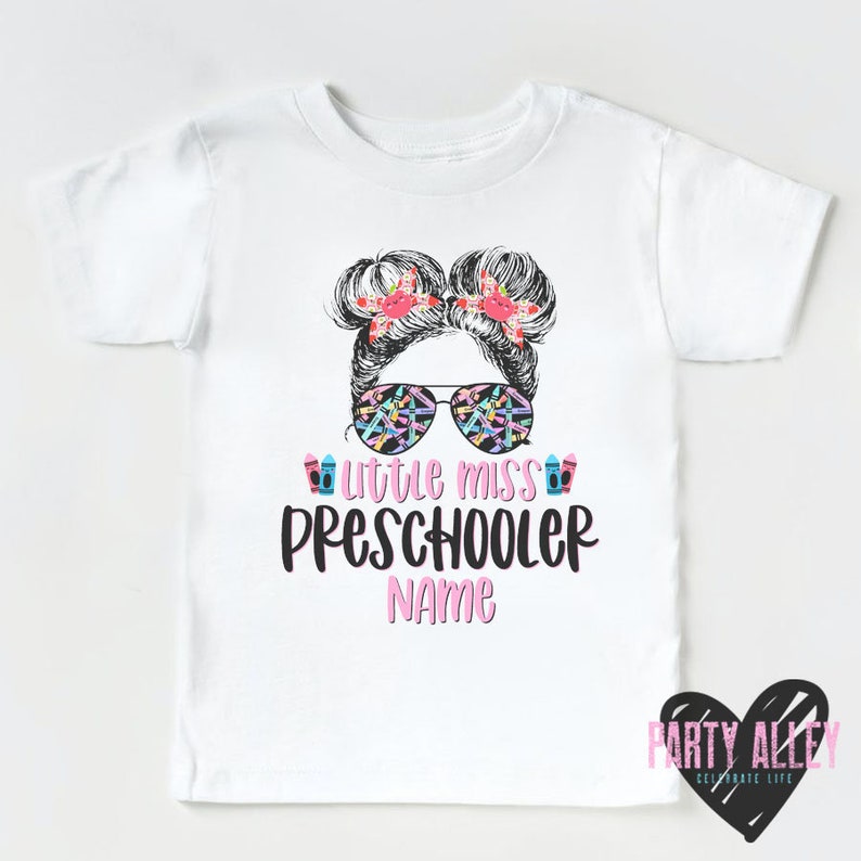 Little miss preschool shirt Girls preschool t-shirt Back to school shirt First day of preschool First day of school Preschool girl Short Sleeve - White