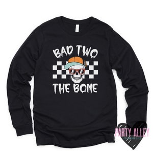 Bad two the bone shirt 2nd birthday shirt Turning two shirt Skull 2nd birthday Halloween birthday Kids birthday t-shirt Rock on Long Sleeve - Black