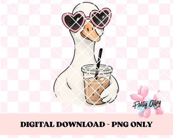 Cute Goose with Iced Coffee png | Heart Glasses Goose Digital Art | Cute Cartoon Goose | Girl Goose Clipart | Instant Download | Goose png