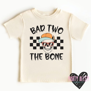 Bad two the bone shirt 2nd birthday shirt Turning two shirt Skull 2nd birthday Halloween birthday Kids birthday t-shirt Rock on Short Sleeve - Natural