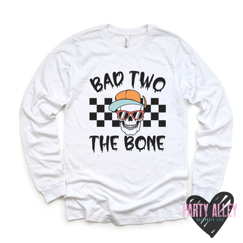 Bad two the bone shirt 2nd birthday shirt Turning two shirt Skull 2nd birthday Halloween birthday Kids birthday t-shirt Rock on Long Sleeve - White