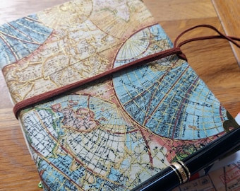 Vintage Map Travel Journal A6 – Handmade Fabric Hardback, Honeymoon Gift