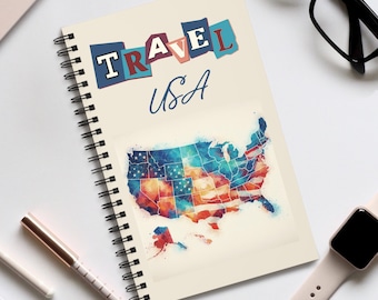 Travel USA America with this Spiral bound travel journal notebook or scrapbook.  Choose your page style