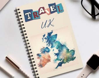 Travel the UK with this A5 Spiral bound travel journal notebook, travel diary or English language notebook. Choose your page design