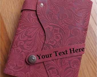 Personalised Red Leather Journal, embossed leather notebook sketchbook with handmade cotton rag deckle edge paper