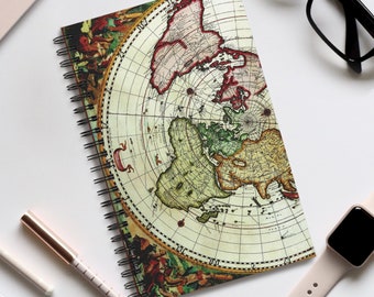 A5 Vintage Map Spiral bound notebook, lined or square grid travel journal diary