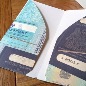 May include: A blue and white British passport with the text "BRITISH PASSPORT" and the number "8 883215 S".