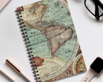 Vintage Map Spiral bound, blank, lined or dot grid travel journal notebook