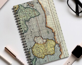 Vintage Map Spiral bound notebook, A5, lined or graph grid travel journal diary