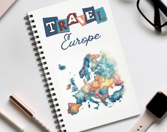 Travel Europe A5 Spiral bound travel journal, choose lined or squared pages for your backpacking, inter-railing or travels across Europe
