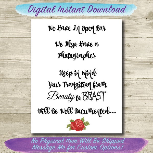 La belle et la bête mariage // Beauty to Beast Open Bar Sign // PRINTABLE Wedding Sign // 8x10 // INSTANT DOWNLOAD // Bar Sign for Wedding