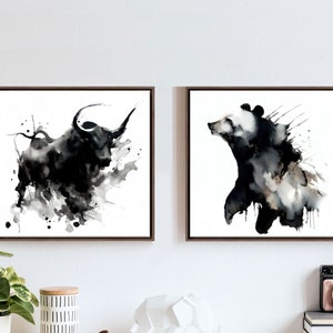 Bull Bear Abstract Prints, Black And White Wall Art Pair, Trader Gift Wall Decor